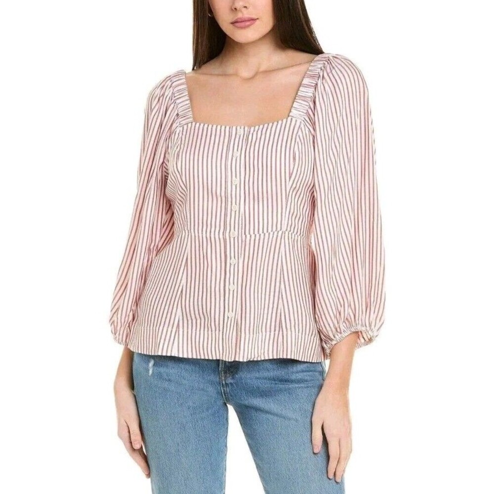 Cabi Womens Size Small Carnival Stripe Puff Sleeve Square Neck Boho Chic Blouse